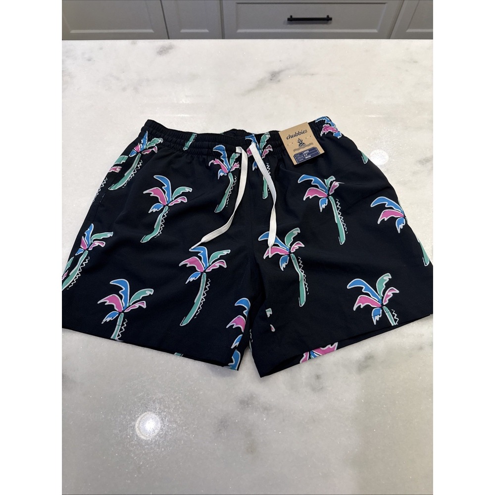 Chubbies Swim Trunks Mens Large Black Neon Palm Tree 5.5" Inseam Mesh Liner NWT